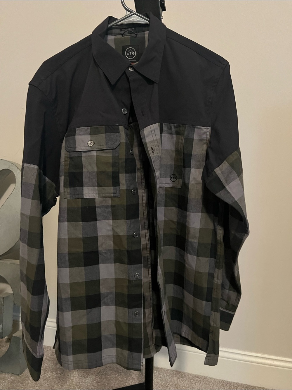 Wrangler Black and Olive Plaid Button-Down Shirt